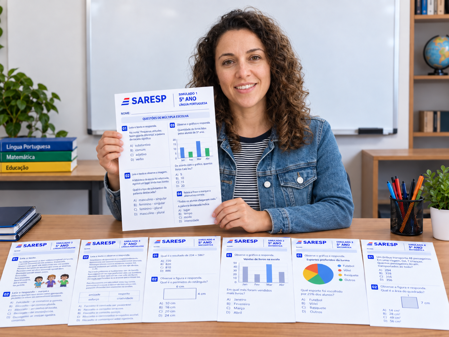 Professora segurando o simulado SARESP com os materiais sobre a mesa